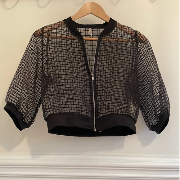 Mesh See Through Zip Up 3/4 sleeve Crop Top Jacket - Picture 3 of 3